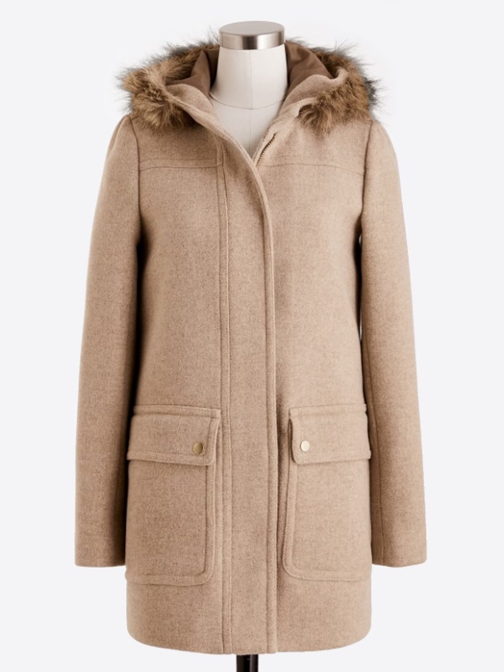 J. Crew Taupe Hooded Wool-Blend  Coat with Faux-Fur Trim. Size 00. Style E3931